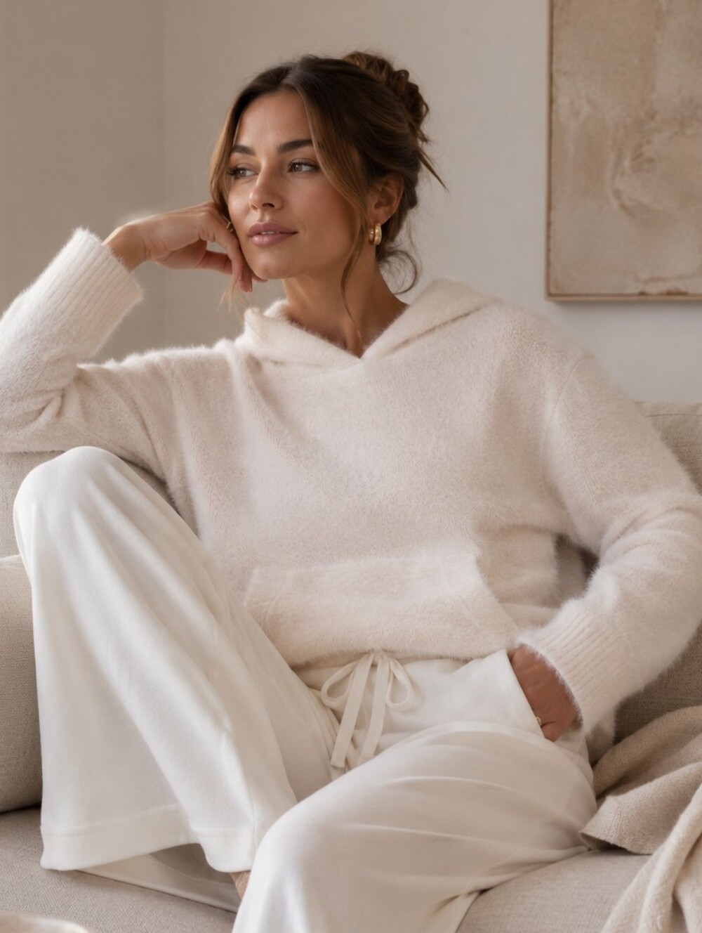 Soma Weekend Fuzzy Hooded Pullover Sweater Ivory Cream Medium Cozy Loungewear